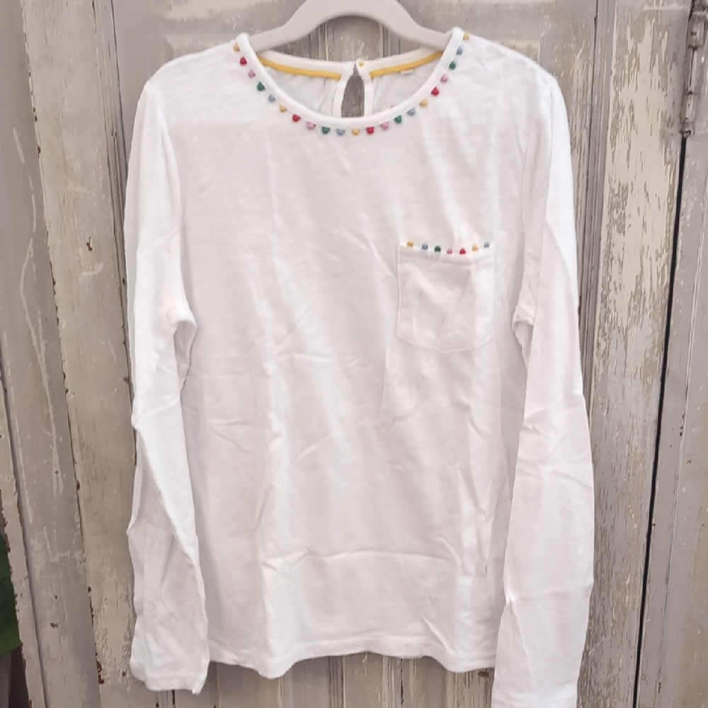 Boden Ali Long Sleeve Pom Tee In White